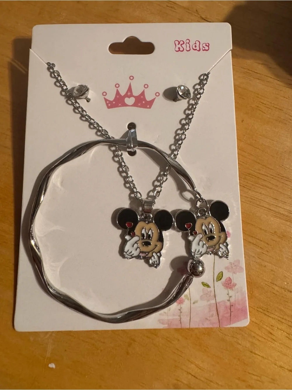 Kids Silver Tone Enameled Mickey Themed Bracelet Necklace Earrings